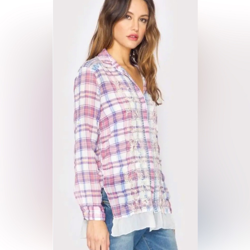 JOHNNY WAS 3J Workshop BRANDY CHIFFON FLOUNCE EMBROIDERED SHIRT W GAUZY HEM $268